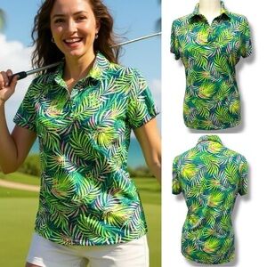 164 Hugo Boss | EUC Women’s Green Yellow Pink Tropical Print Polo Shirt (size M)